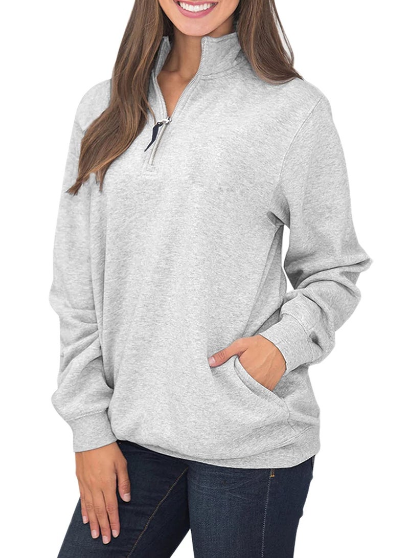 Samefar Women Ladies Long Sleeve High Neck Comfy Fuzzy Quarter Zip Pullover Sweatshirts Tunic with Pockets Gray Medium - Image 1